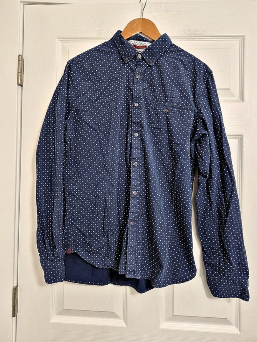 Denim & Flower Slim Fit Button-Down Shirt Men's Cotton Polka Dot Shirt Size XL